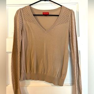 Elle Tan/Beige V-Neck Sweater with Knit Sleeves